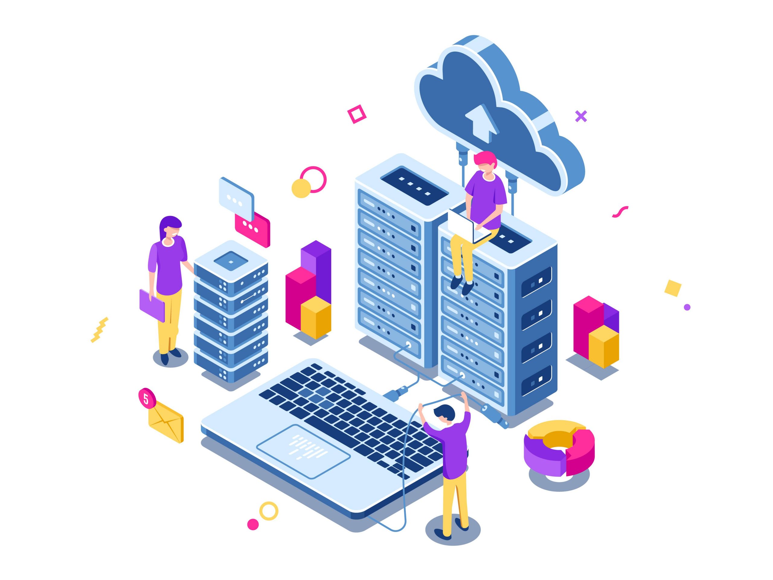 Graphic of three tech workers showing a computer, mainframe, server, and the cloud