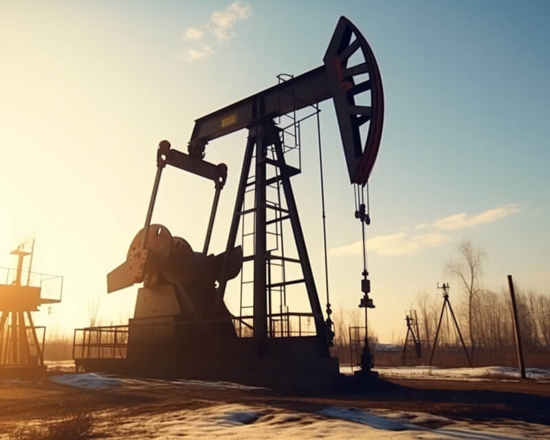 Oil well in a snow-covered field at dawn.