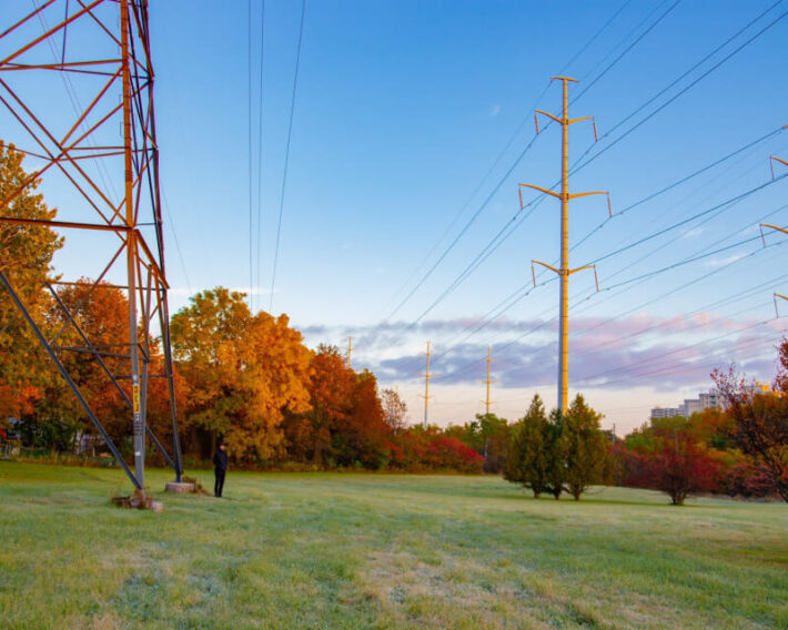 Electric wires and towers in a colorful fall field.